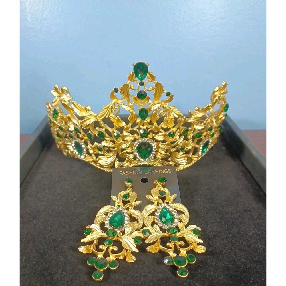 Luxury Tiara Headpiece Crown & Earrings Green Rhinestones Wedding Hair Pageant